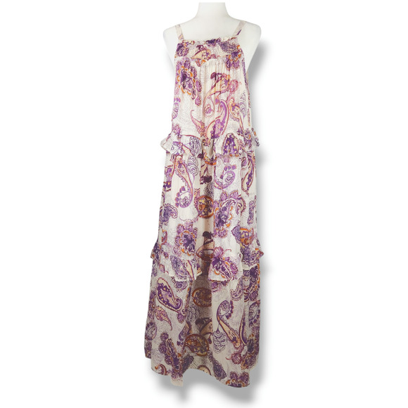 Boho Paisley Maxi Dress NWT Tie-Neck Tiered Cream Purple XS Band of the Free - Picture 3 of 9